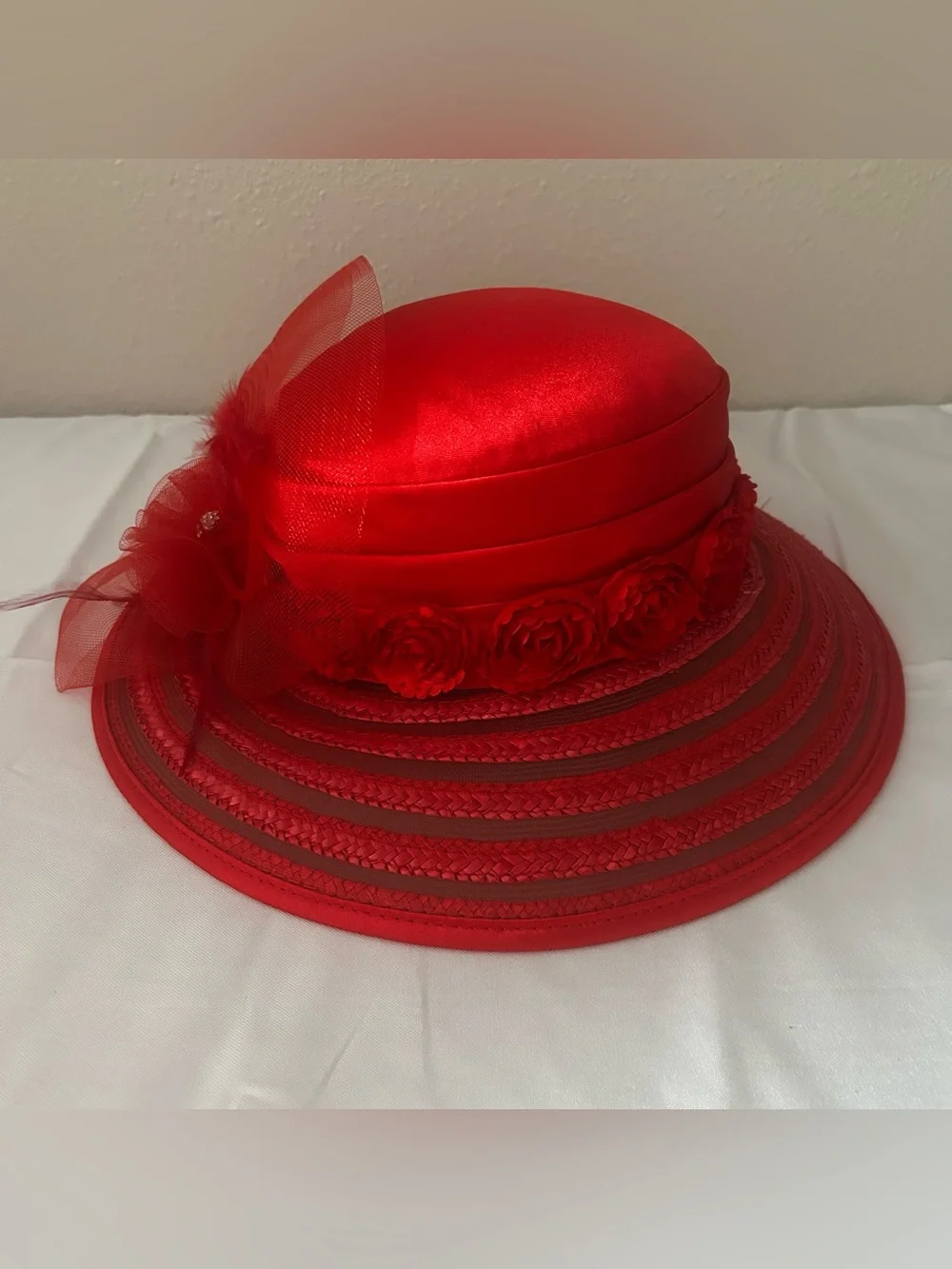 Elegant Red Women's Dress Hat with Floral Trim